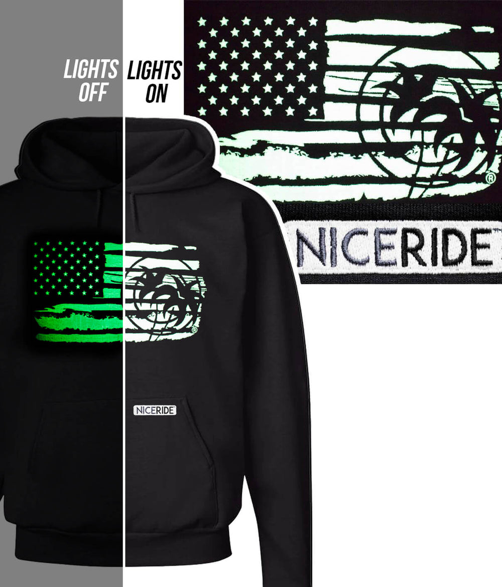 Hoodie design featuring the American flag with NICERIDE logo glowing in the dark, demonstrating lights off and lights on.