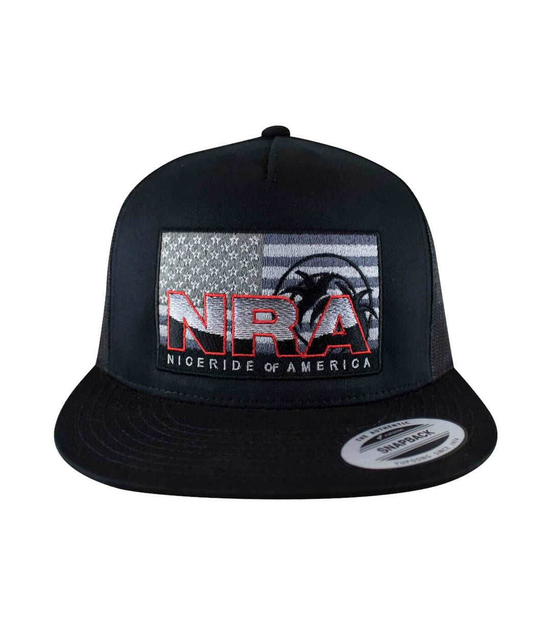 NRA Trucker Hat featuring embroidered design of NRA and Nice Ride of America on the front panel.