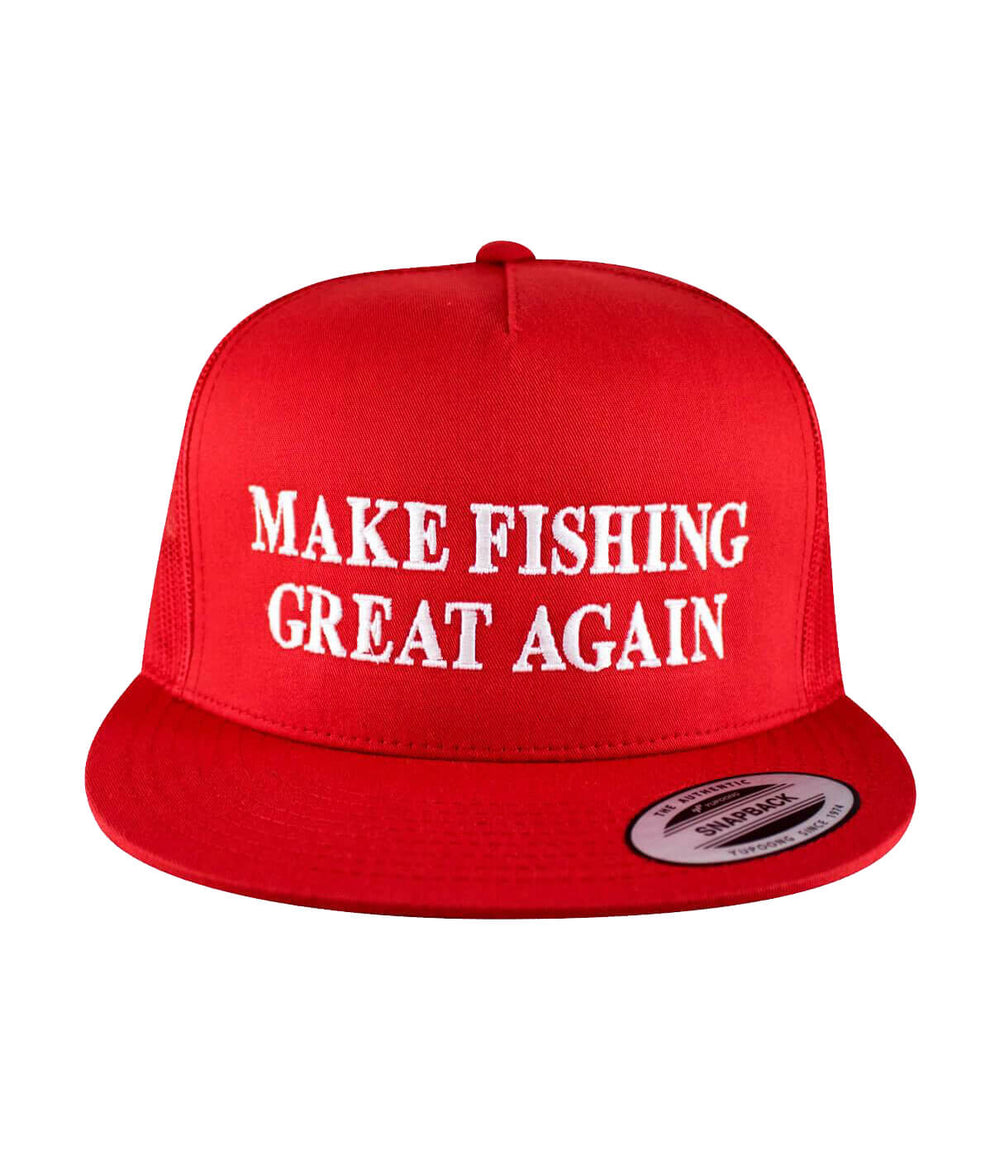 red trucker hat with "Make Fishing Great Again" embroidered across the front, showcasing the hat design.