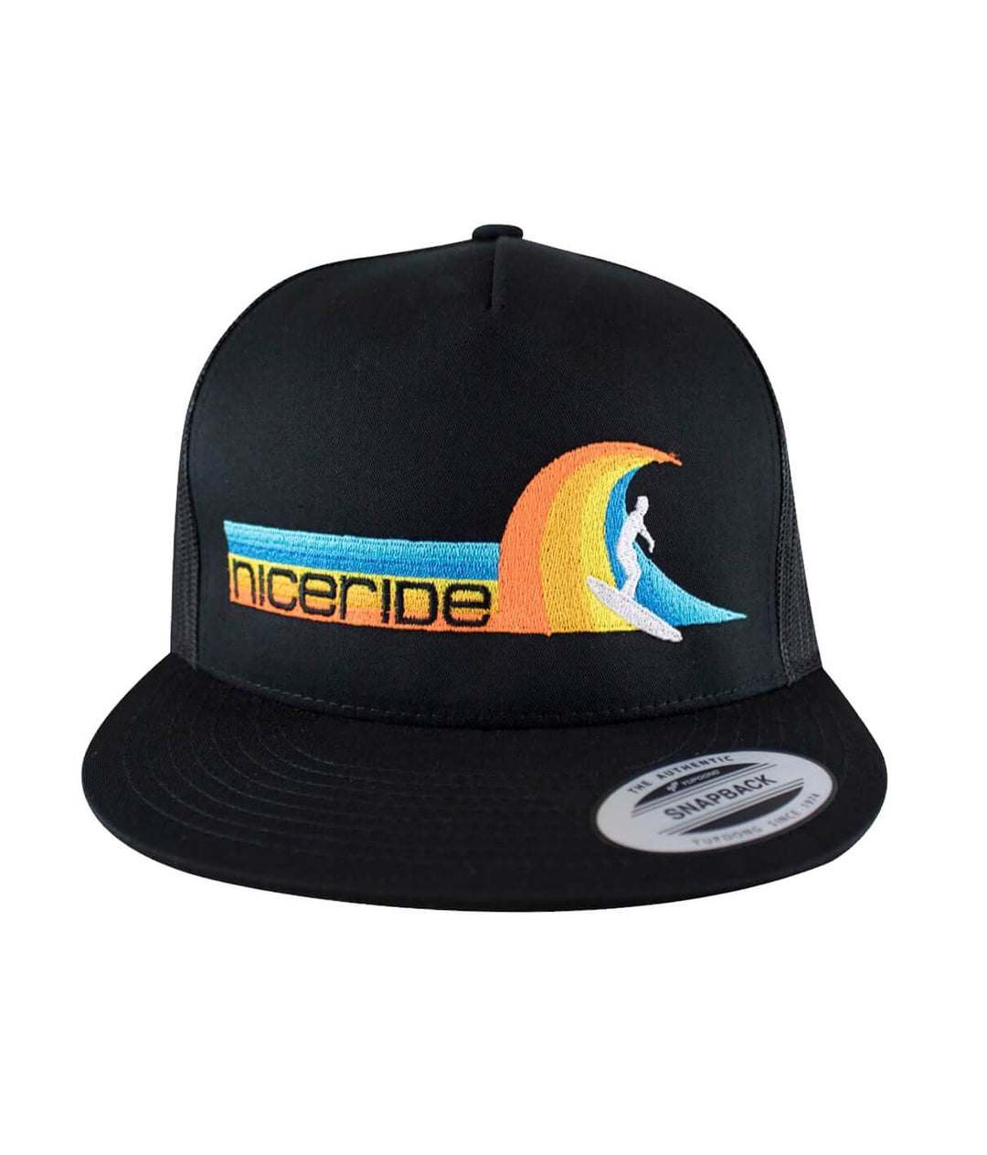 Tasty Waves trucker hat with embroidered NICERIDE design, a stylish black snapback hat.