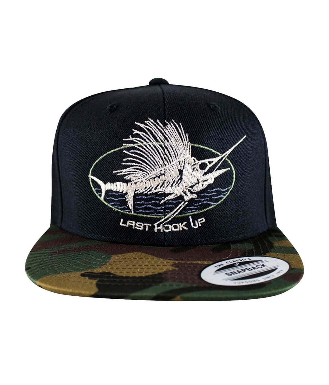 Last Hook Up camo flatbill snapback hat featuring embroidered design and classic palm logo on back.