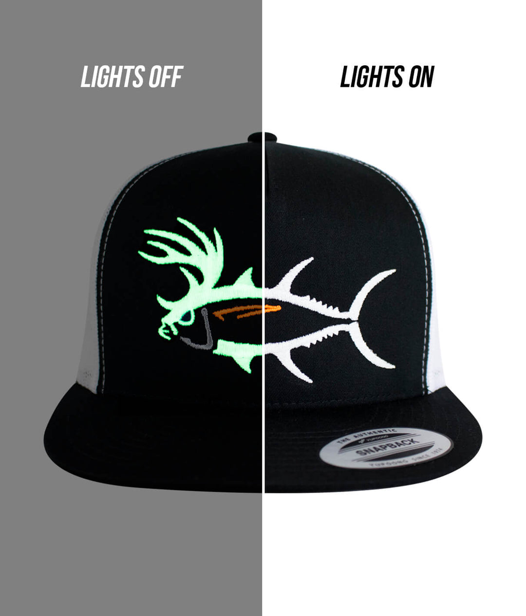 "Buck-Eye" Unisex Trucker Hat shown with lights off and lights on, highlighting the glowing fish design. Perfect hat for outdoor activities.