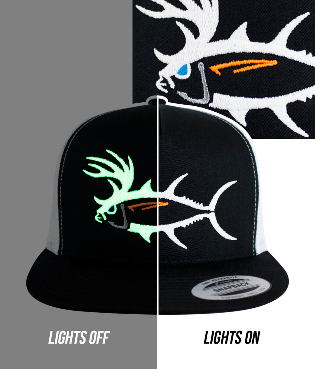 A black trucker cap with a fish logo on it.