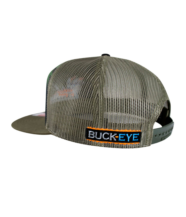 BUCK-EYE Explorer 7 Panel Trucker Hat in olive green, showing back view and embroidered logo.