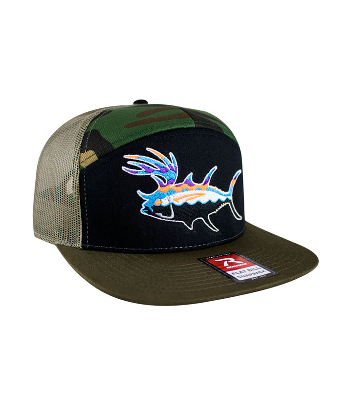 BUCK- EYE Explorer 7 Panel Trucker hat designed for men and women with embroidered fish design and camouflage pattern.