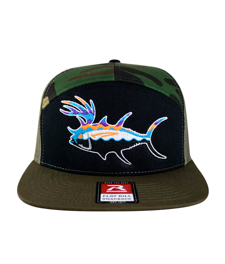 BUCK- EYE Explorer 7 Panel Trucker Hat with fish design, perfect hat for outdoor enthusiasts, flat bill and camo colors.