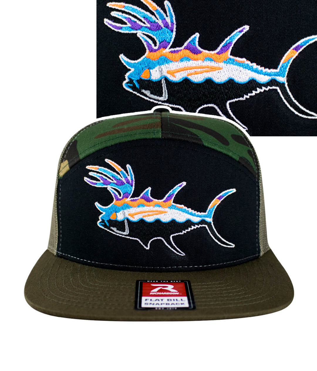A camouflage trucker hat with a fish logo on it