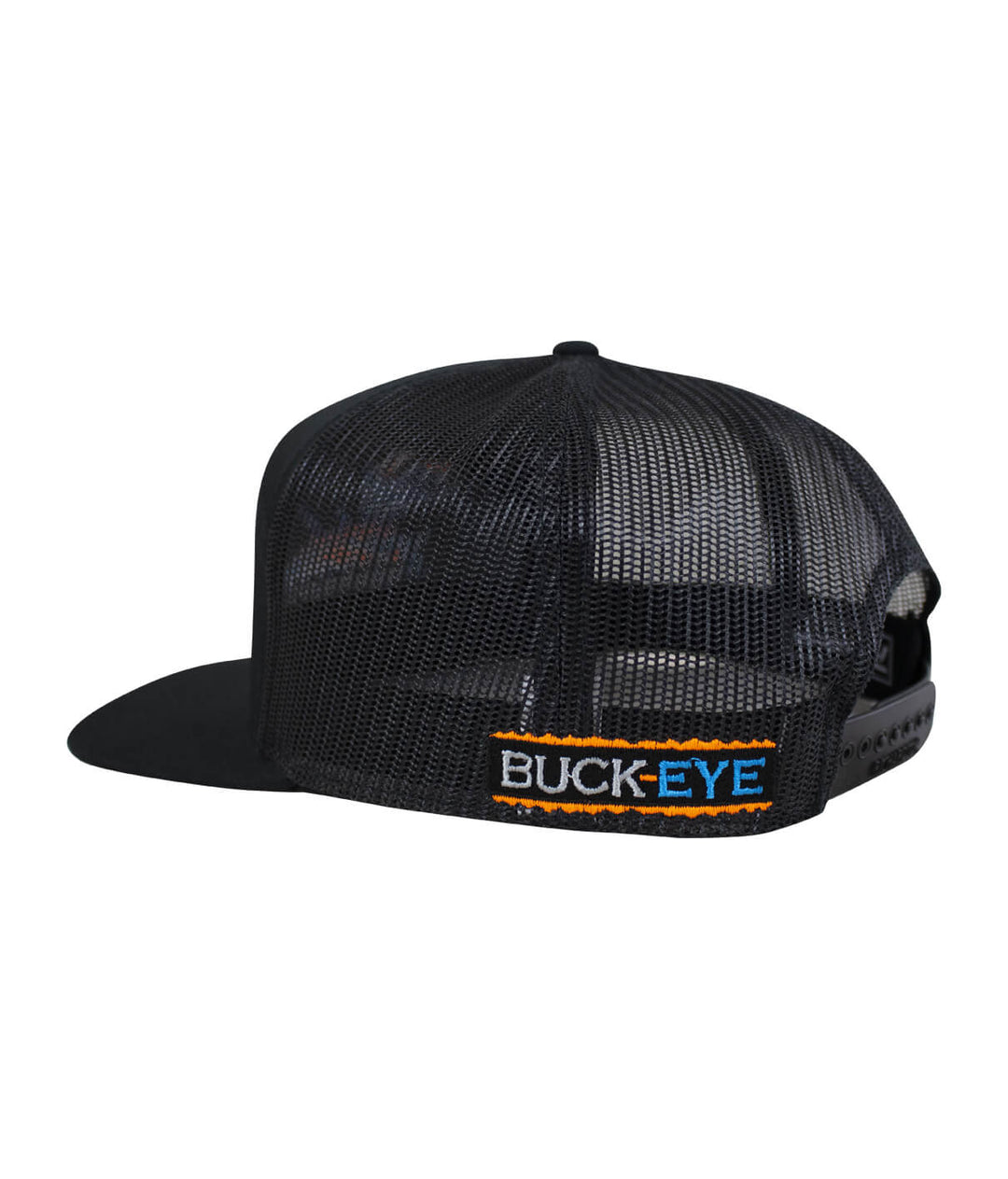 Back view of the BUCK- EYE Explorer 7 Panel Trucker Hat showing the embroidered logo, perfect hat for men and women.