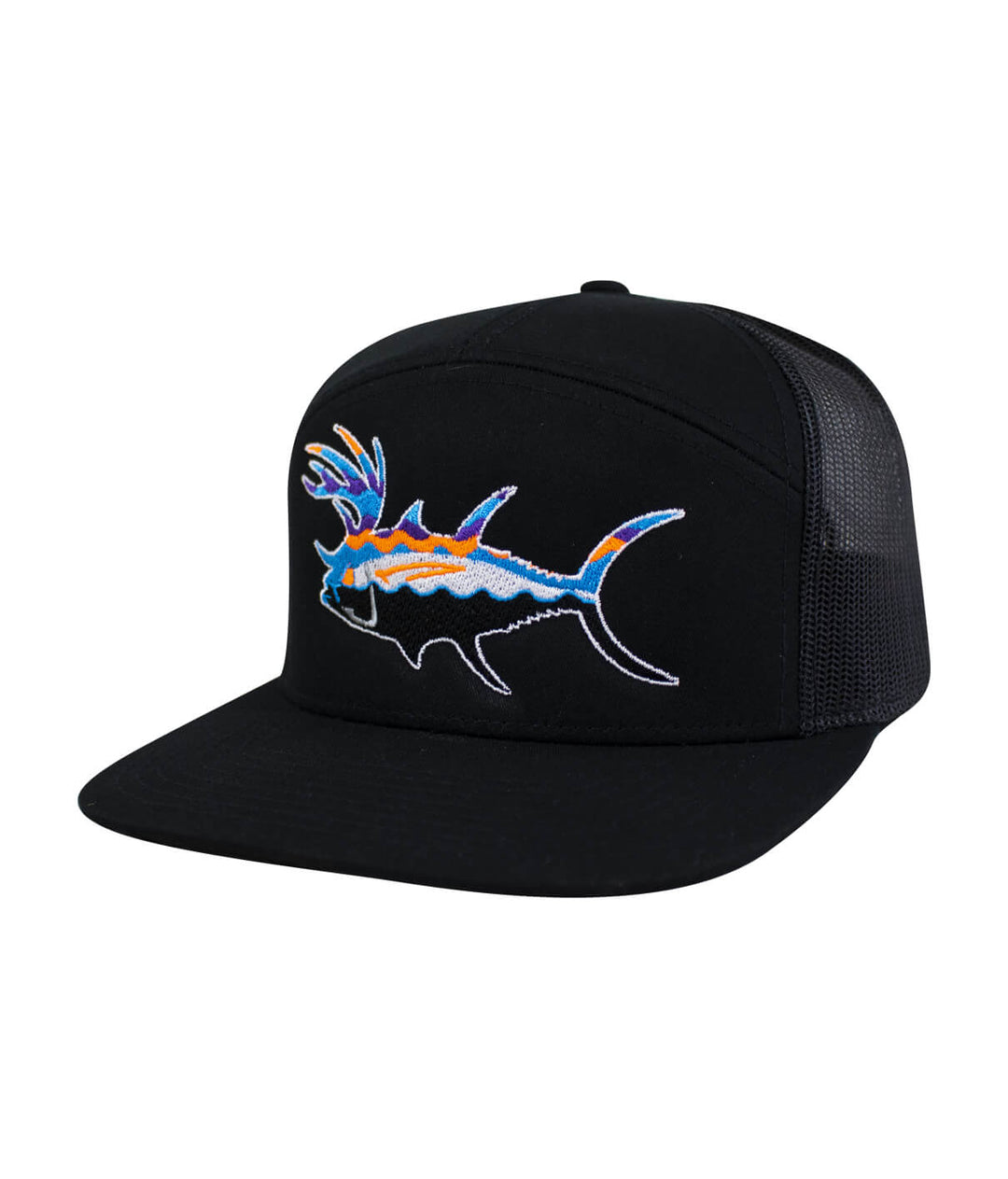 Black trucker hat with colorful fish embroidery on the front side, perfect for outdoor activities.