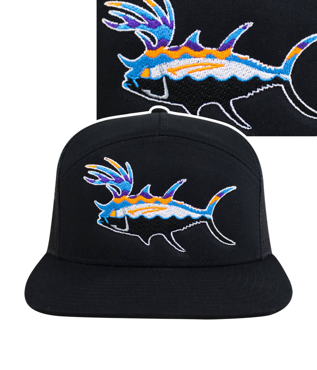 Stylish hat featuring colorful embroidered fish design on black fabric, perfect for outdoor adventures.