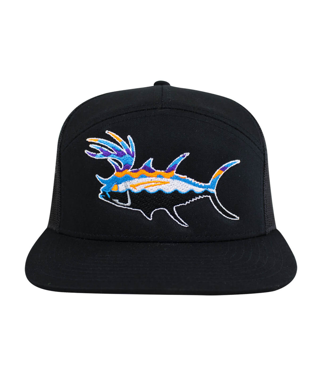 BUCK- EYE Explorer 7 Panel Trucker Hat for Men and Women, with fish embroidery on front.