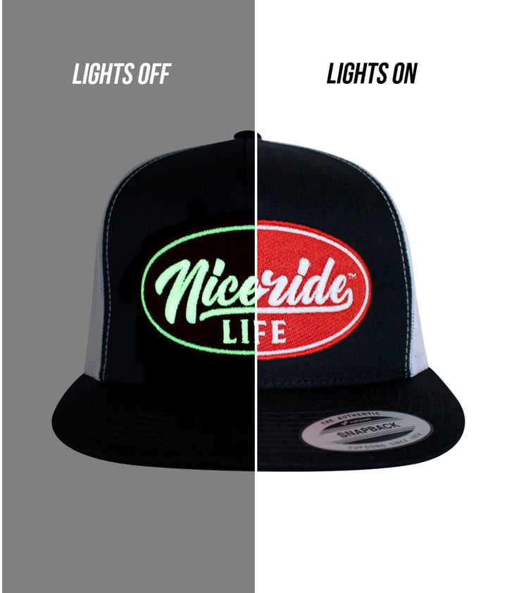 NICERIDE Life snapback cap with glow effect, showing lights off and lights on contrast.