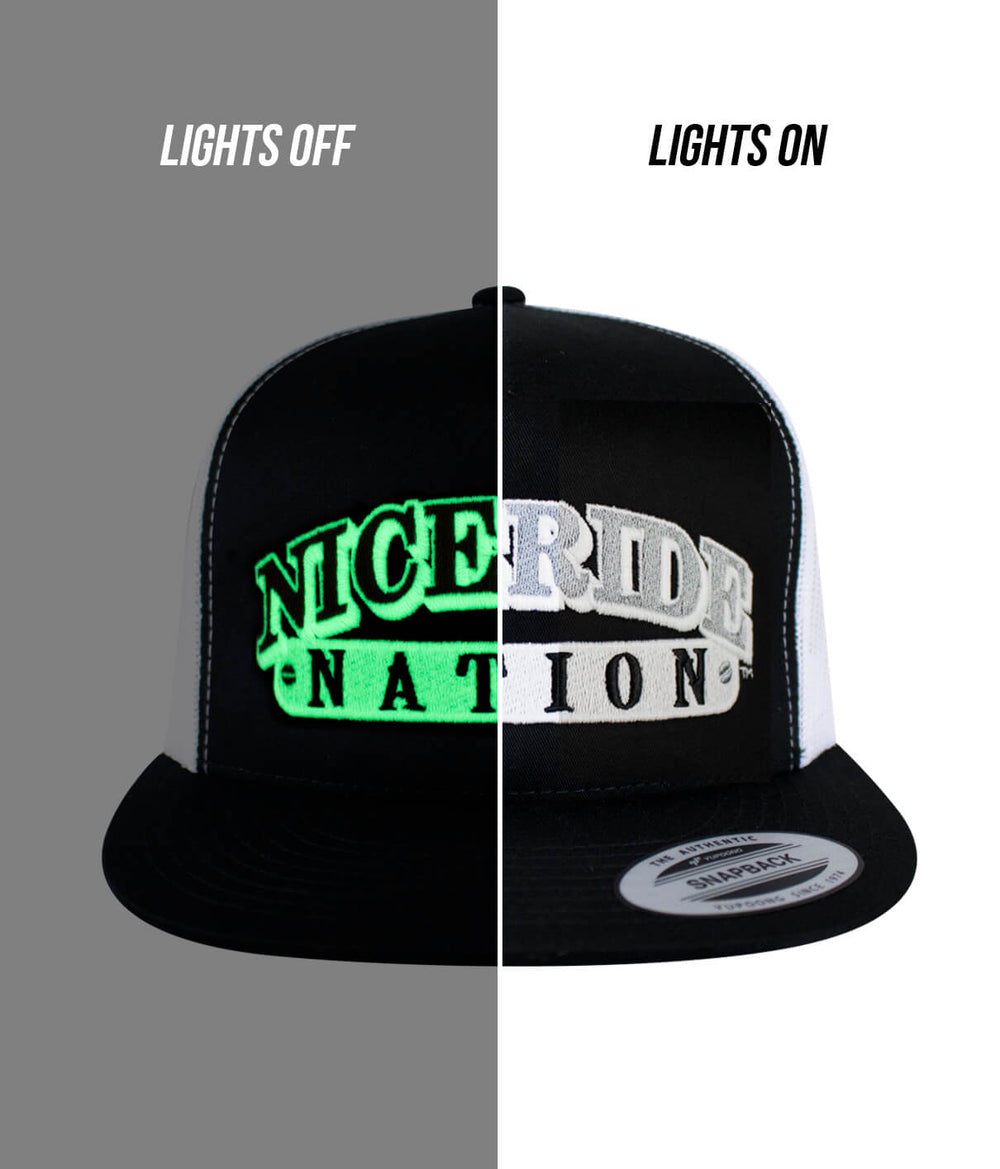 The Junction hat with NICERIDE logo, shown with lights off and lights on for enhanced visibility.
