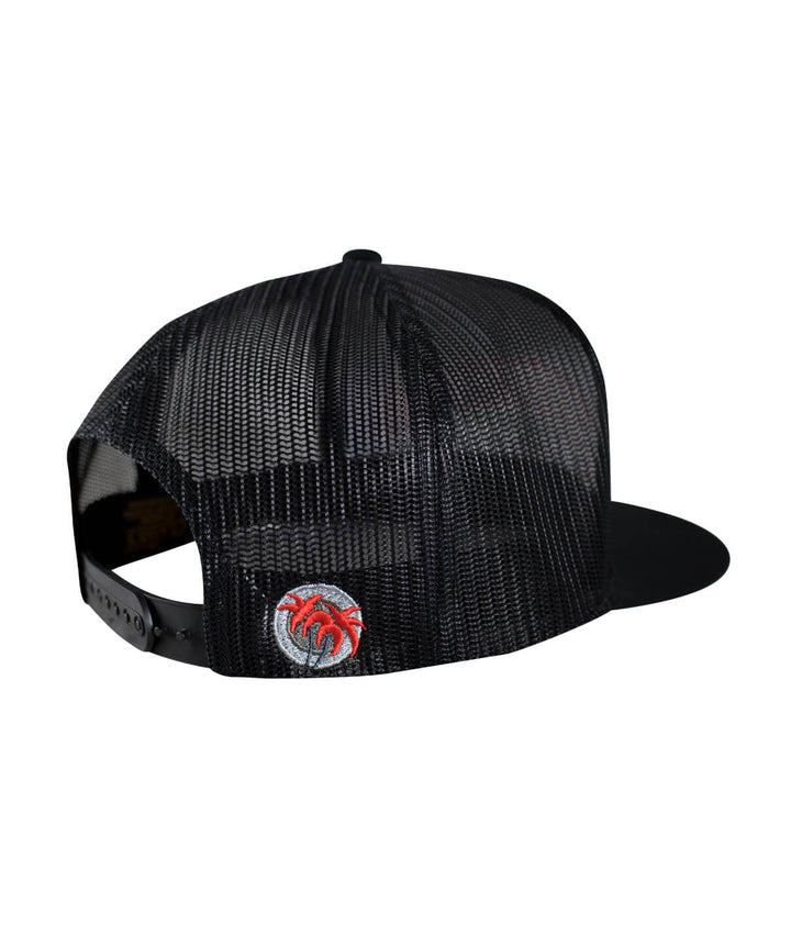 The Junction Trucker Hat, classic black snapback hat with embroidered palm logo on back.