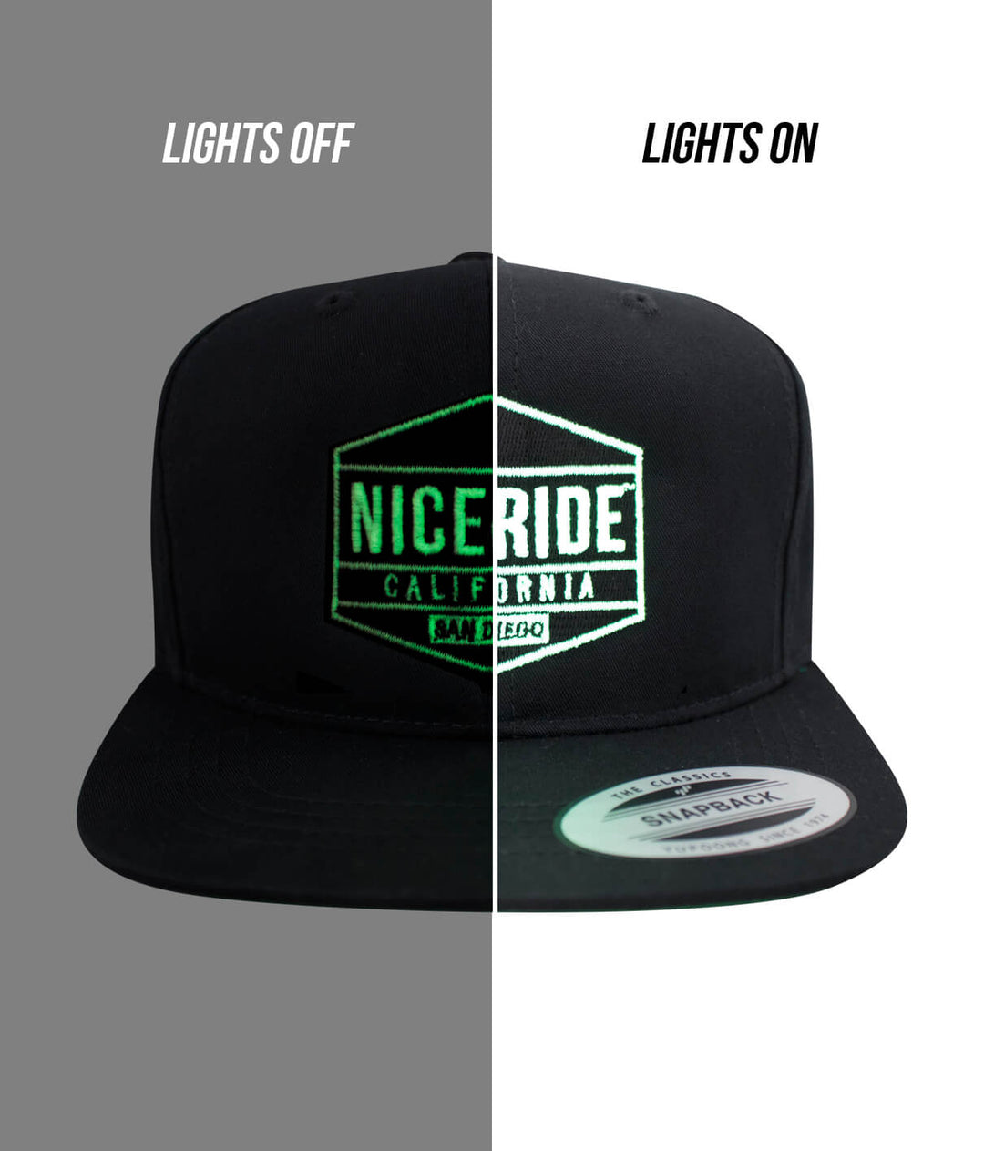 Good Times Evening Glow Youth Hat showing NICERIDE logo with lights off and lights on, a stylish hat for youth.