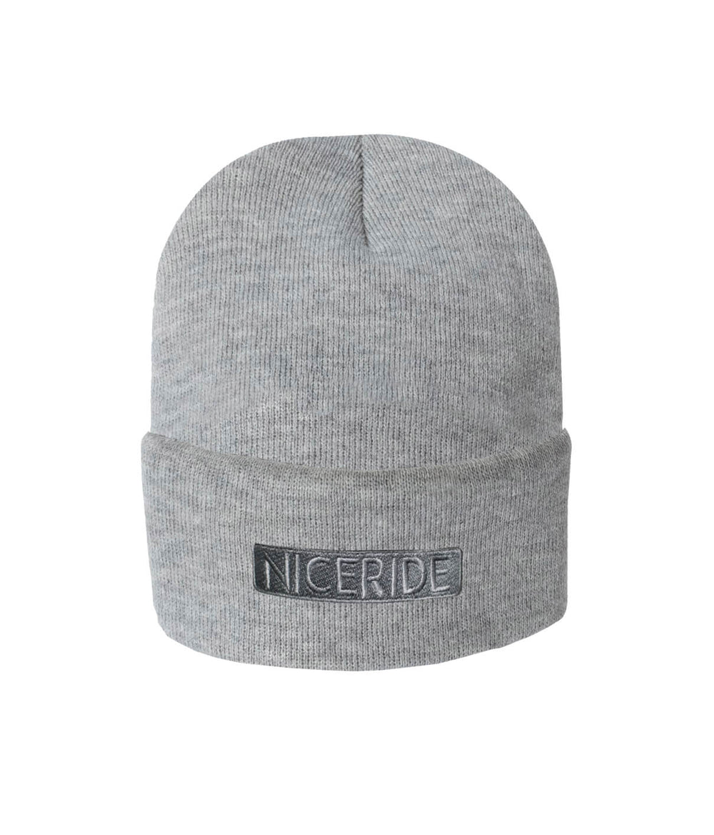 Classic Palm cuff beanie in gray with NICERIDE logo, perfect for keeping warm.