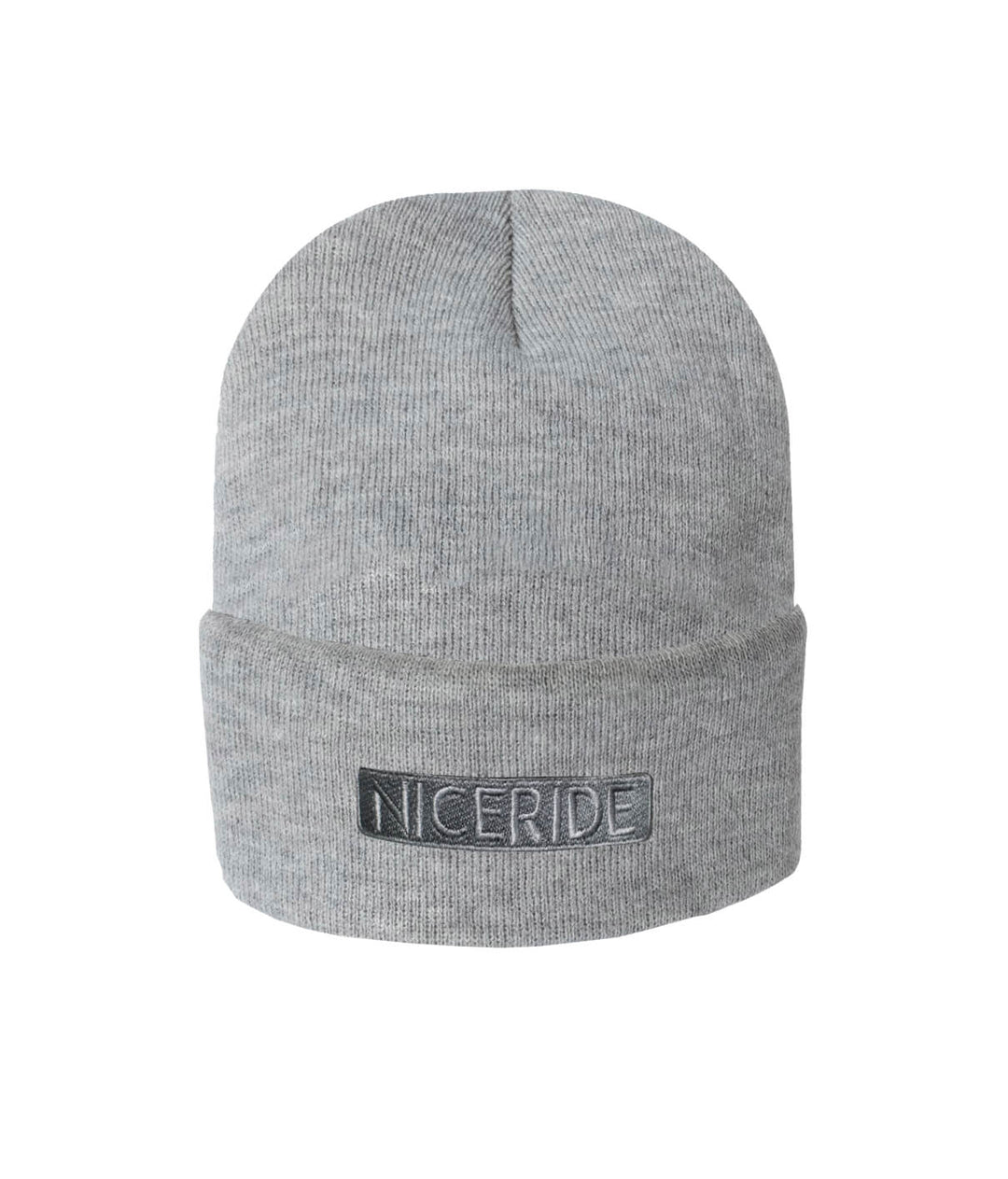 Classic Palm cuff beanie in gray with NICERIDE logo, perfect for keeping warm.