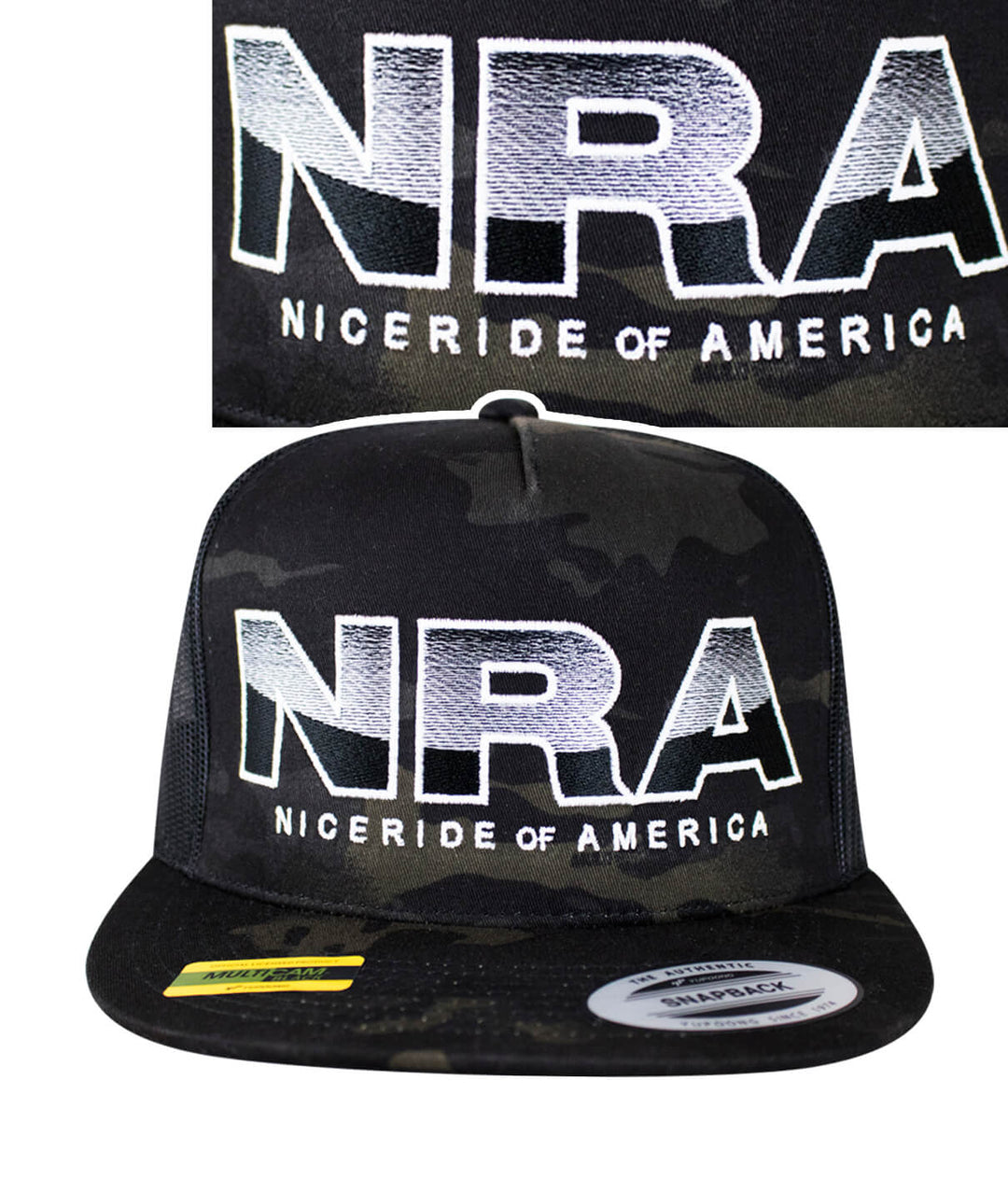 Conservative trucker hat featuring NRA embroidered design and NICERIDE logo, perfect for outdoor enthusiasts.