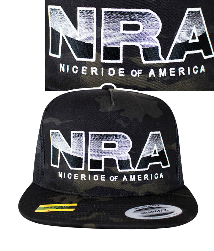 Conservative trucker hat featuring NRA embroidered design and NICERIDE logo, perfect for outdoor enthusiasts.