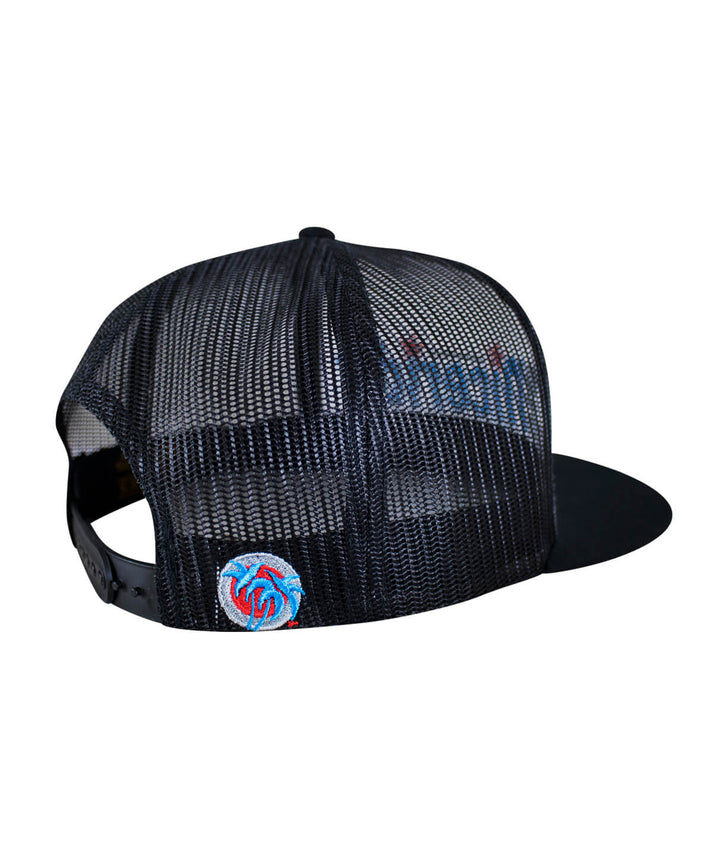 Back view of the Banjo trucker hat with palm logo, showcasing the mesh design in evening glow color.