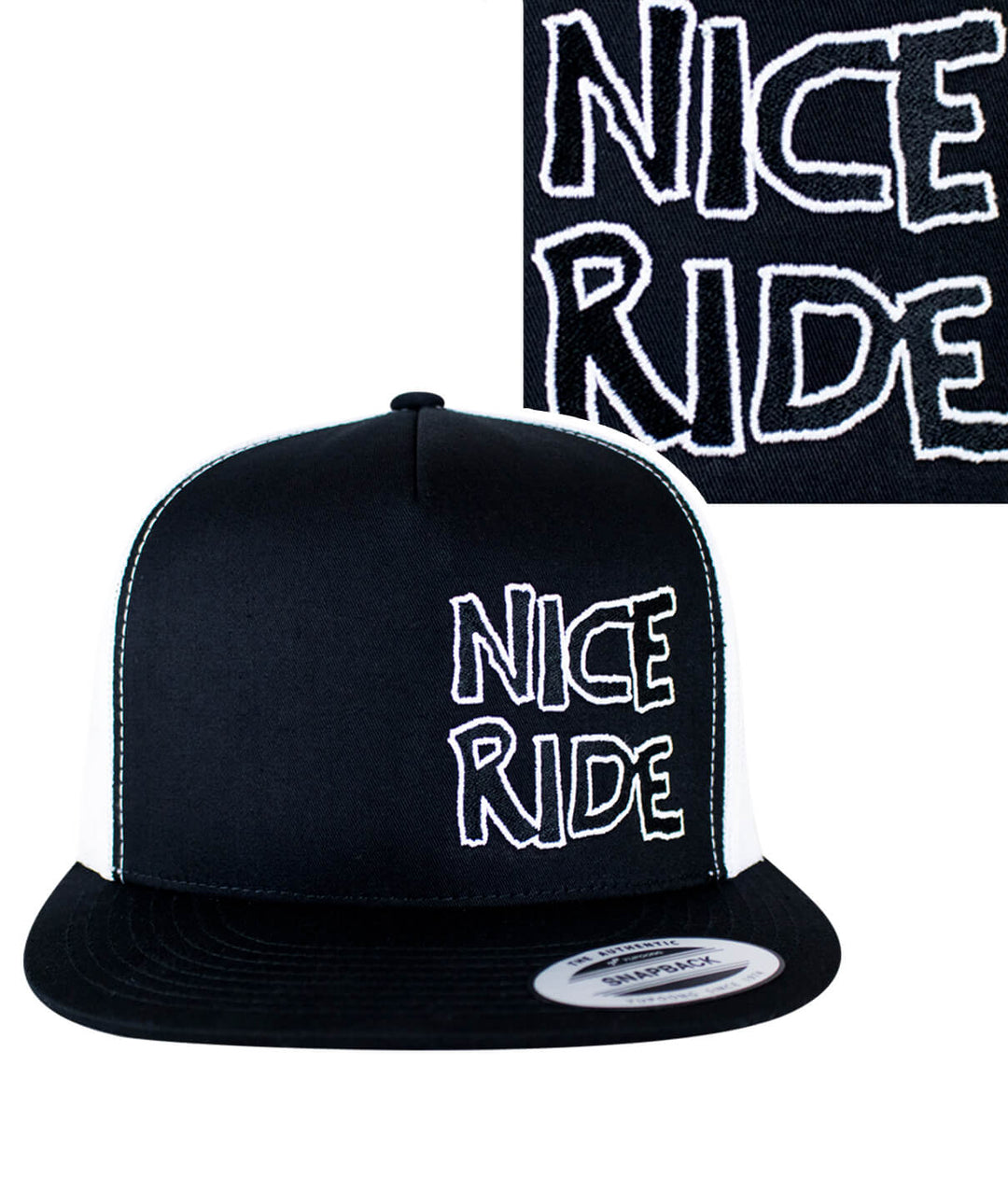 CR-Ride trucker hat in black with white embroidery showcasing 'NICE RIDE' design, perfect stylish outdoor hat.