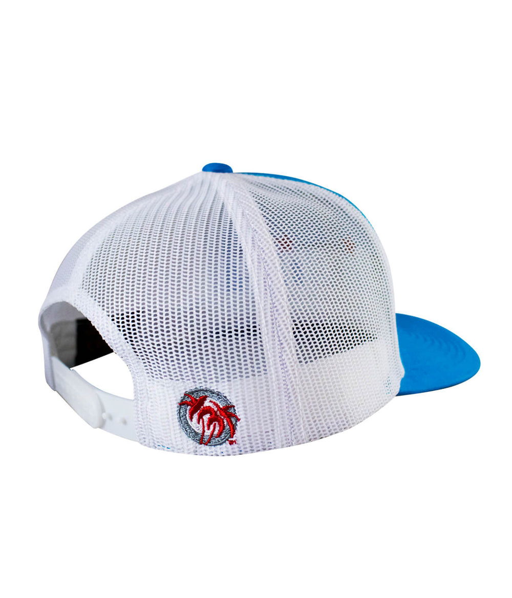 Back view of the Banjo Retro Trucker Hat showcasing the embroidered palm logo on a white mesh cap.