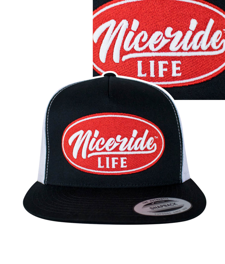 NICERIDE Life black and red trucker cap featuring embroidered logo, stylish snapback design.