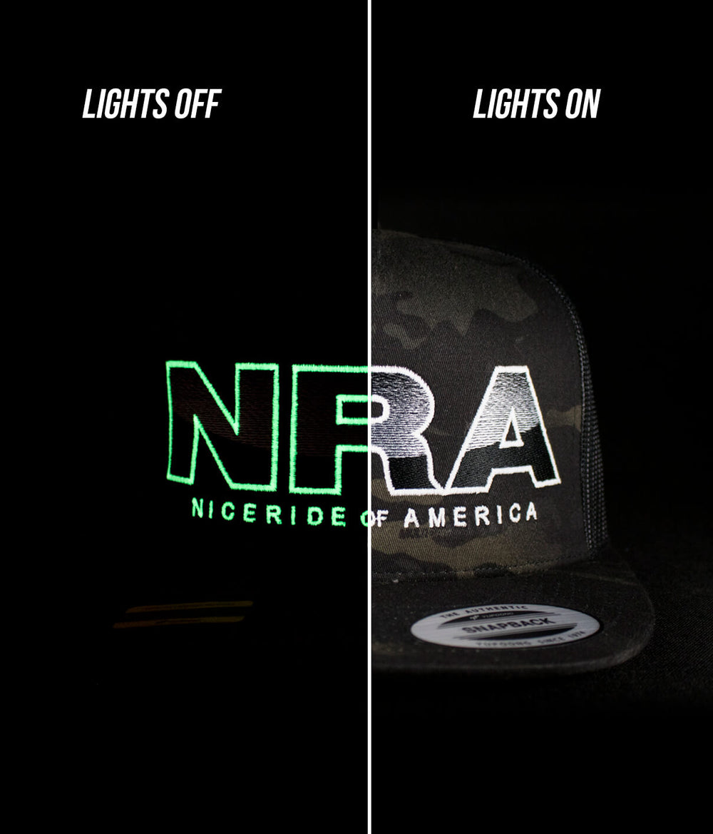 Conservative Trucker Hat with NRA design shown with lights off and on for visibility, perfect for any hat lover.