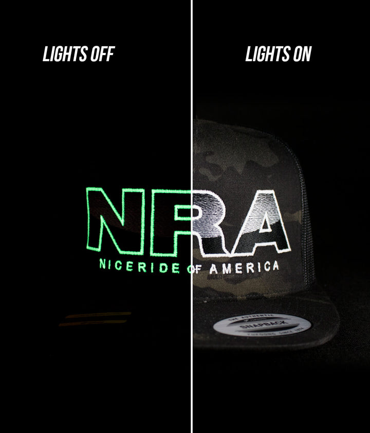 Conservative Trucker Hat with NRA design shown with lights off and on for visibility, perfect for any hat lover.