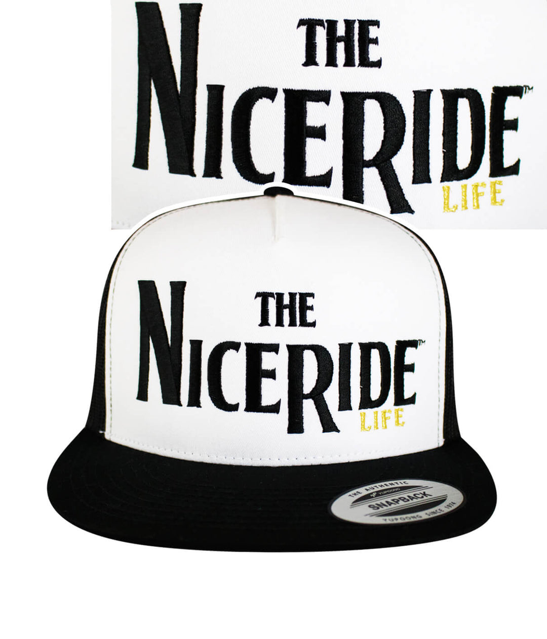 Godfather Trucker Hat featuring NICERIDE design, classic snapback style, perfect for casual outings, stylish black and white hat.