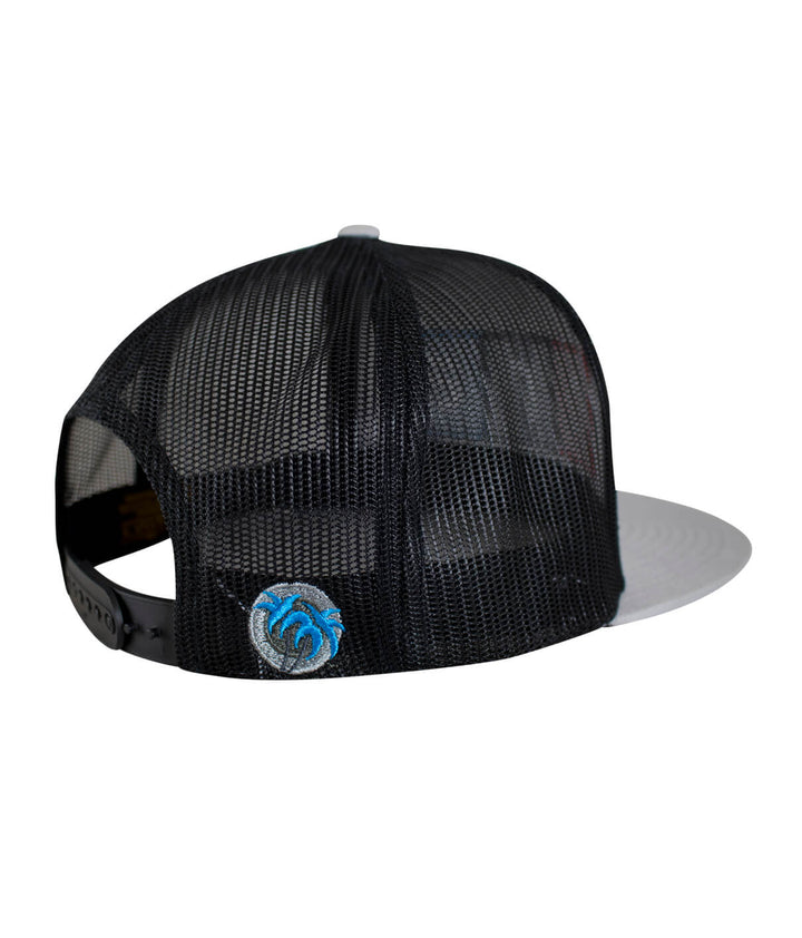 Back view of the Boaring Trucker Hat featuring a palm logo on the right side, highlighting its mesh design.