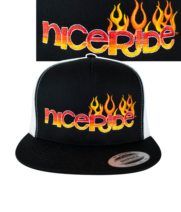 Tribal Fire hat featuring NICERIDE logo with flame design on a black and white trucker cap.