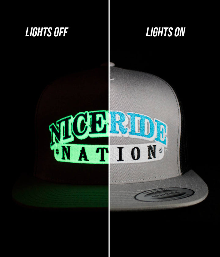 The Junction Trucker Hat by NICERIDE with glow effect, displayed in lights off and lights on side by side.