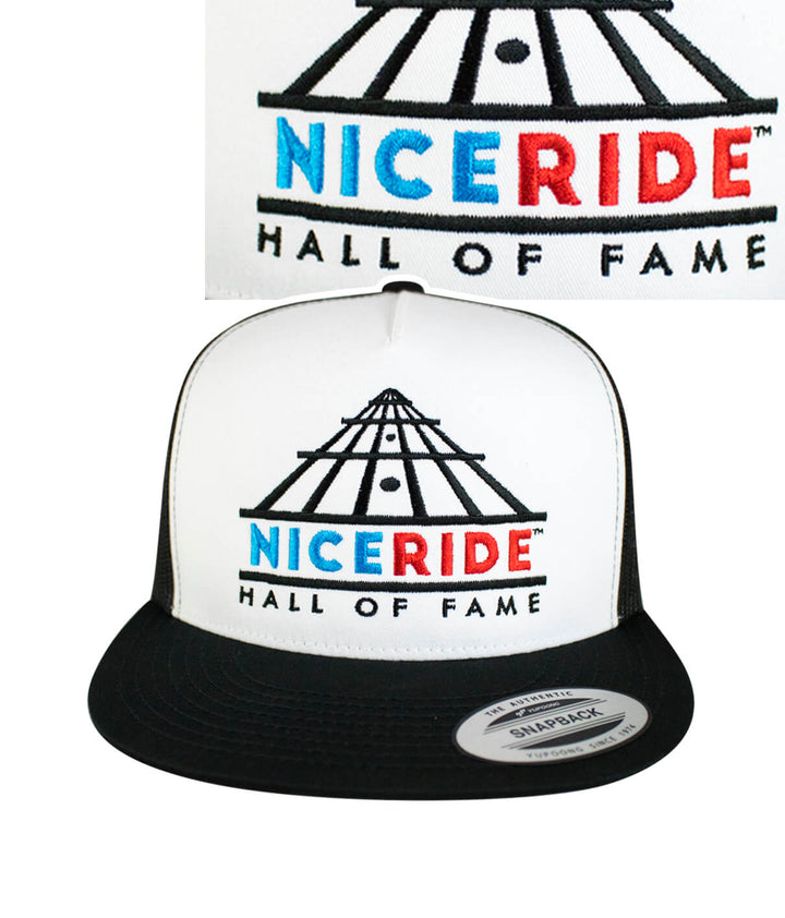 NICERIDE Hall of Fame trucker baseball cap, front view showcasing bold embroidery and snapback design, hat for casual wear.