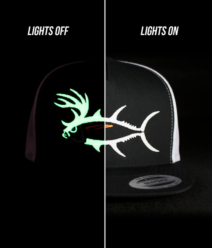 Buck-Eye unisex trucker hat design with glow effect in lights off and lights on comparison.