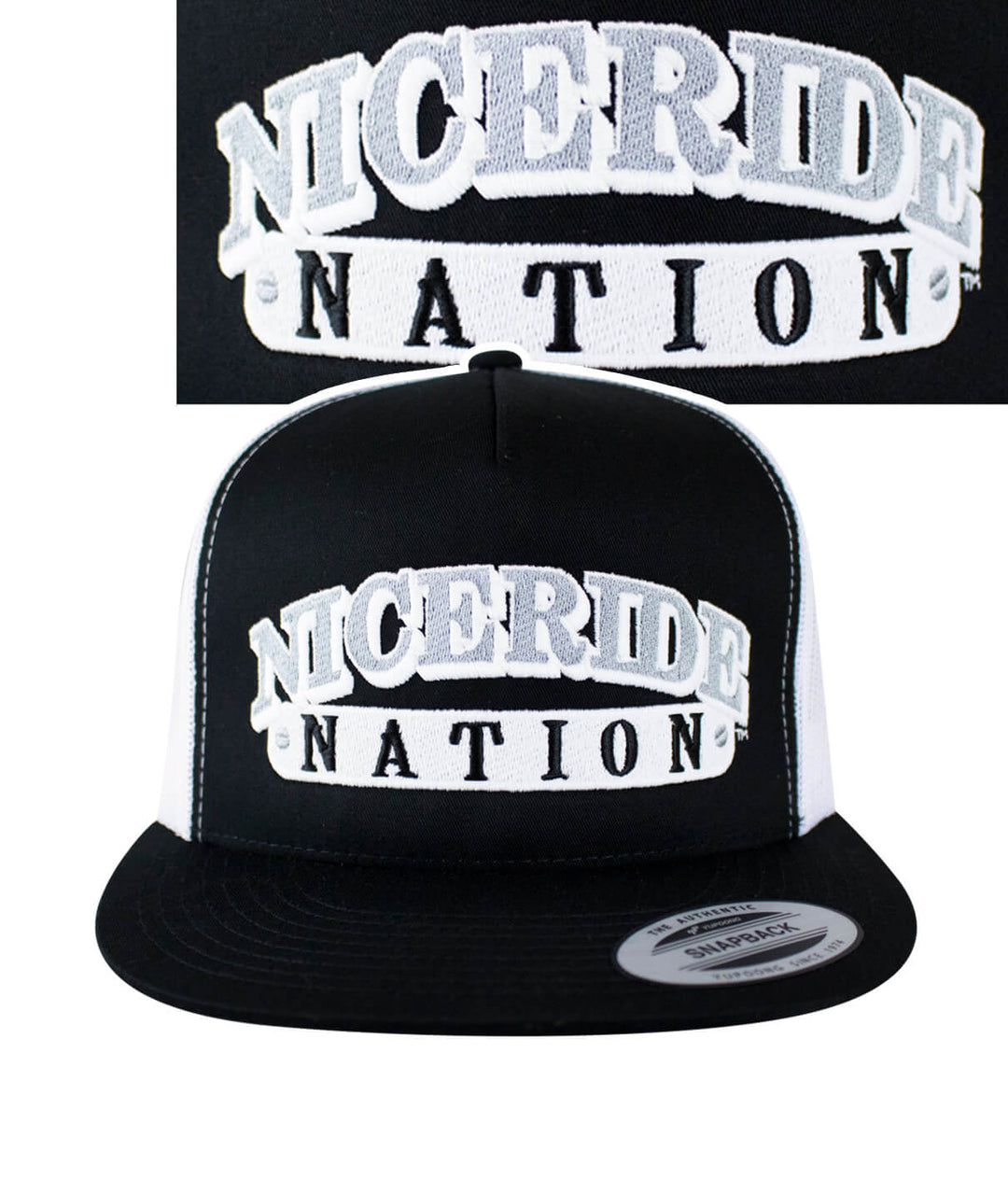 The Junction Trucker Hat featuring NICERIDE logo, a classic snapback style hat in black and white.