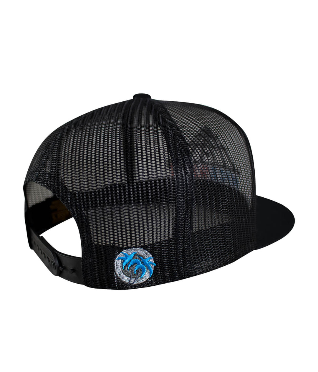Back view of the Strings Trucker Baseball Cap showing mesh design and embroidered palm logo.