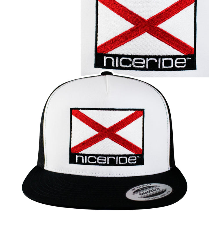 Alabama Flag Trucker Hat with NICERIDE embroidery on front panel, classic design for stylish headwear, perfect for any occasion.
