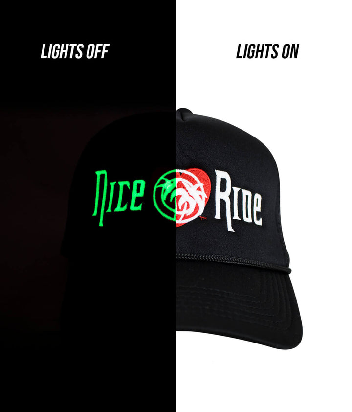 Romance Foam Trucker Hat with glowing NICERIDE embroidery, showcasing vibrant colors in lights on and off.