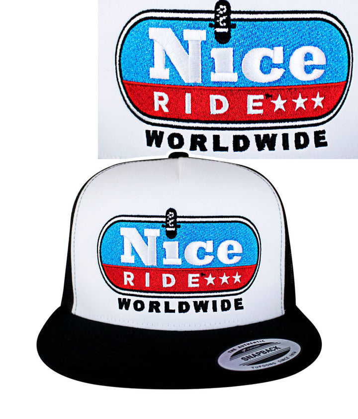 Hear me Now cap featuring NICERIDE design and palm logo, classic snapback trucker hat, made in the USA.