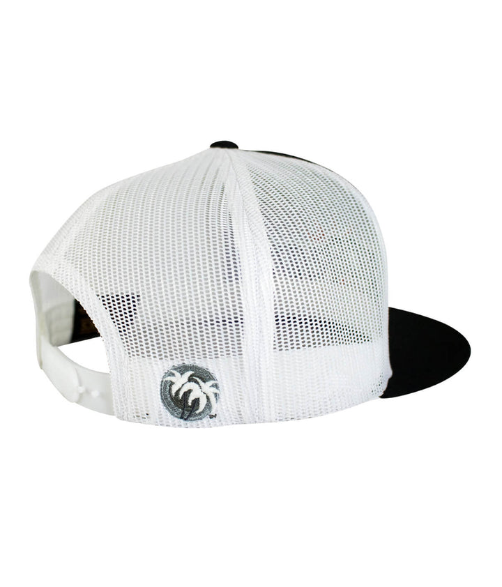 Gotcha Evening Glow Trucker Hat showing black front panel and white mesh back, perfect baseball cap for casual wear.
