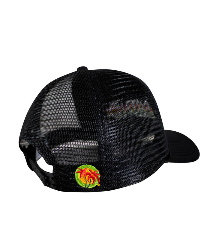 Back view of the Lion Tamer foam trucker cap showcasing the Blacked Out Classic Palm logo and mesh design on a black hat.