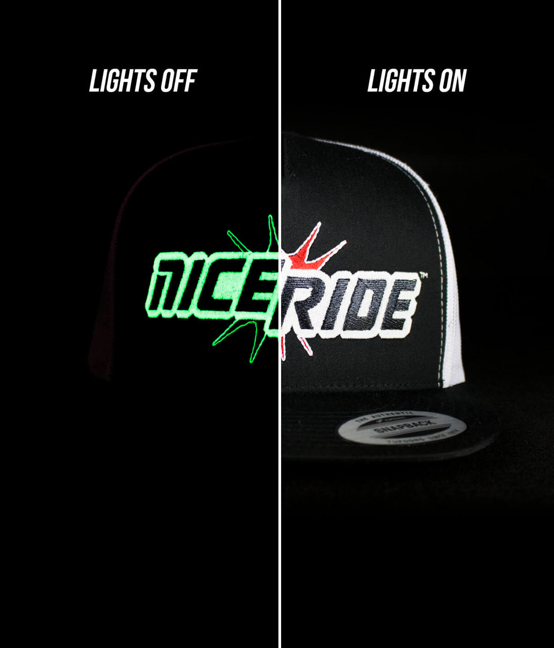 Gotcha Evening Glow Trucker Hat with NICERIDE logo, displaying embroidery with lights off and lights on.