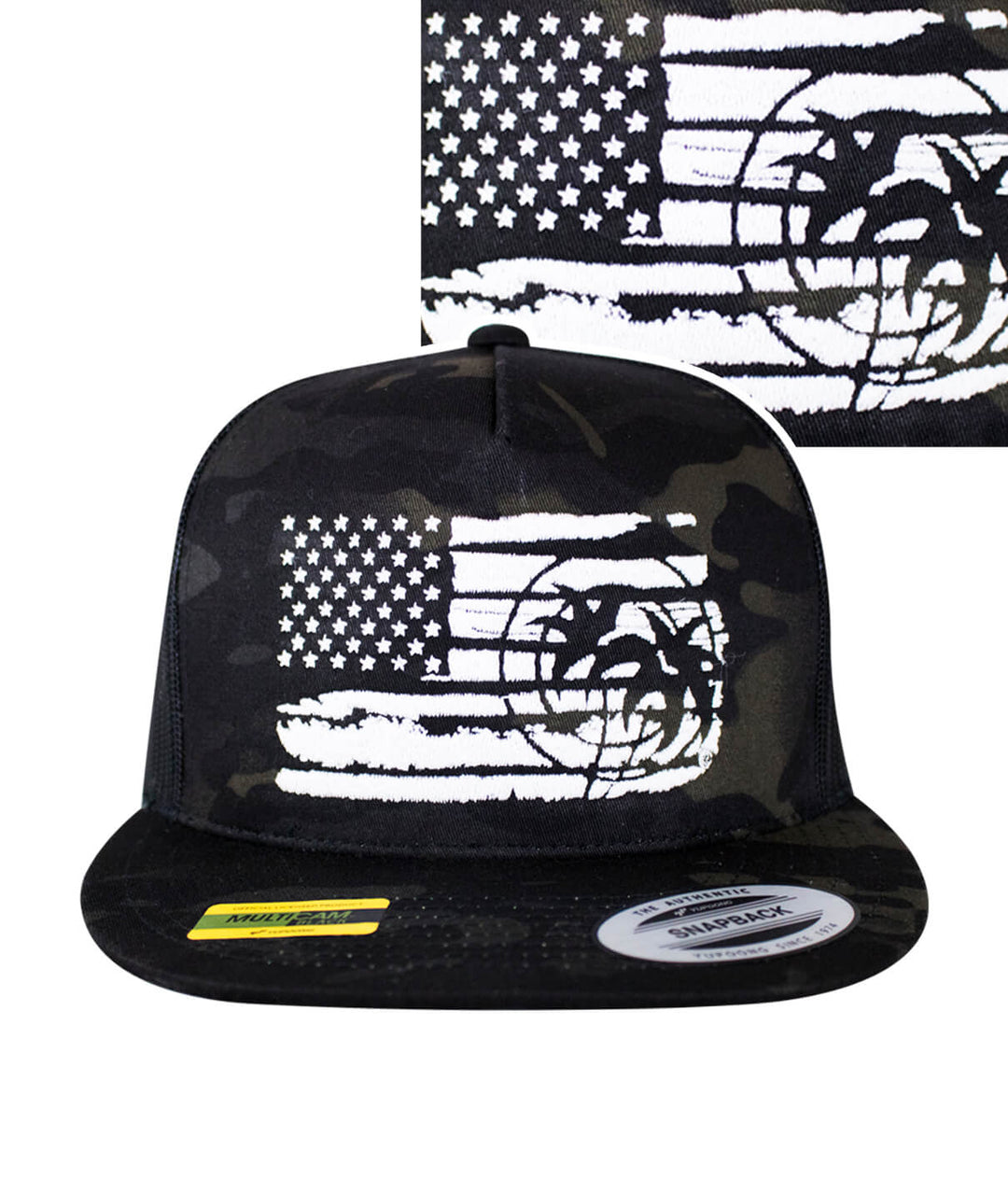 Strong Faded Trucker Hat featuring camouflage design and embroidered flag with palm logo, perfect for casual wear.