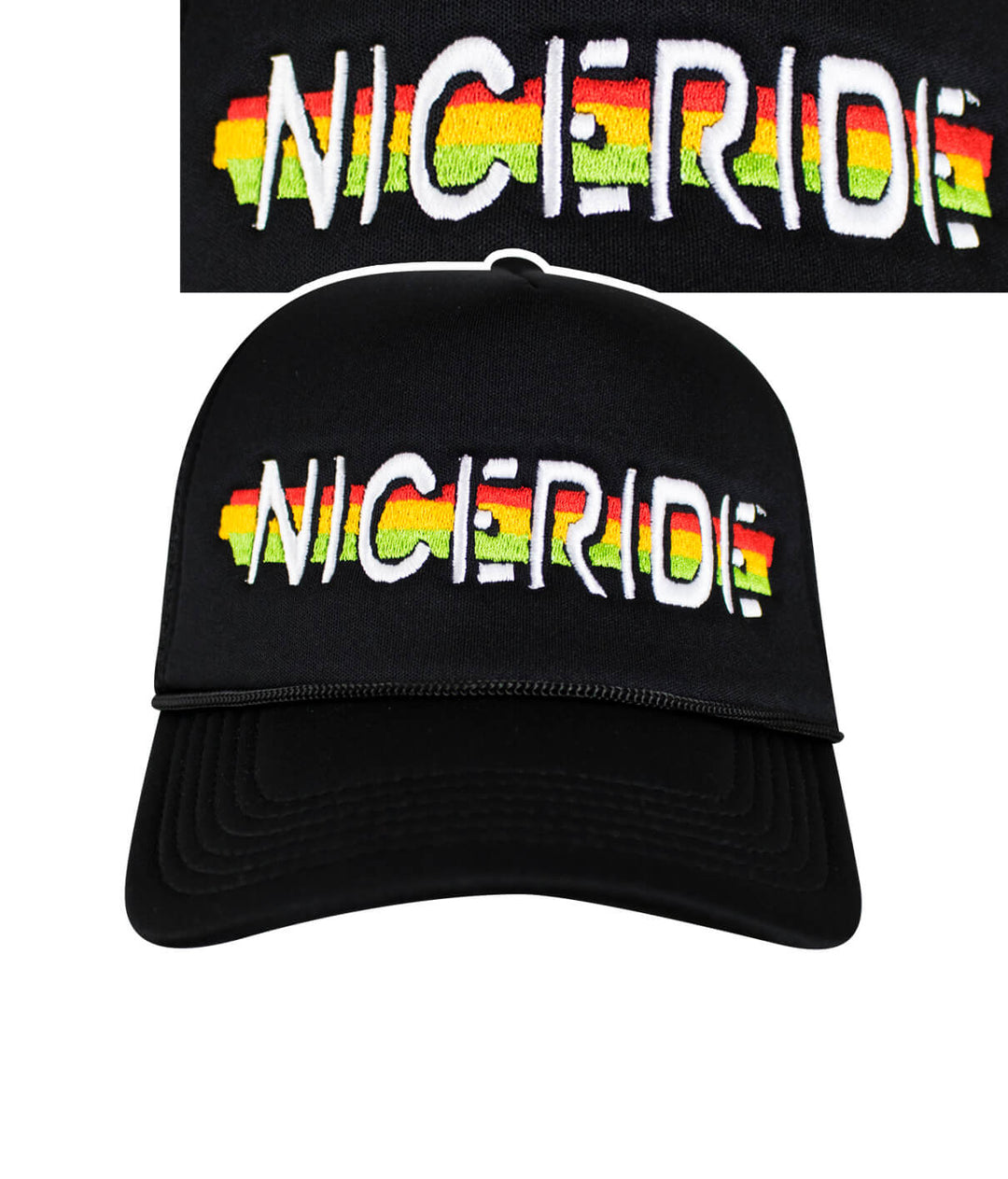 NICERIDE Lion Tamer Foam Trucker Cap featuring colorful embroidered logo on black hat.