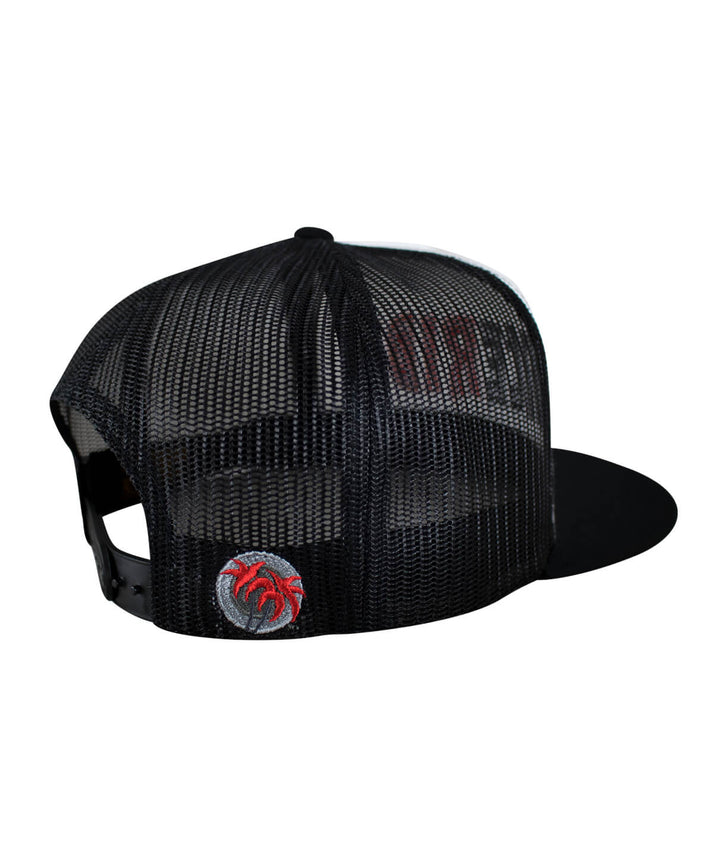 Back view of the "Overboard" Trucker Hat showcasing palm logo and mesh design, perfect for outdoor adventures.