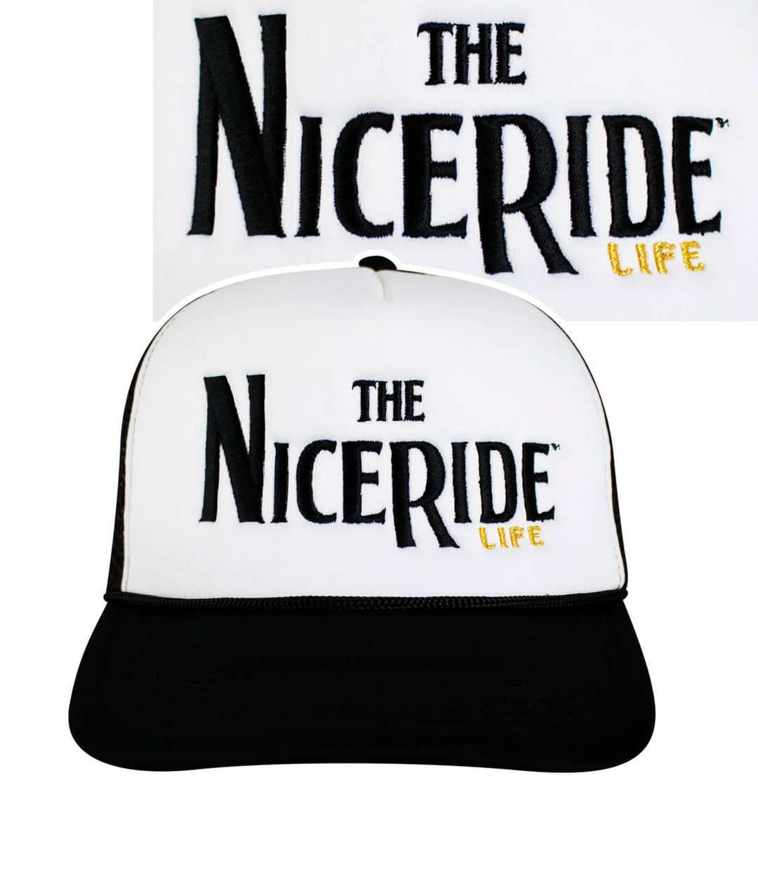 Godfather Foam Trucker Hat featuring NICERIDE logo embroidered on front panel, perfect hat for stylish outdoor wear.
