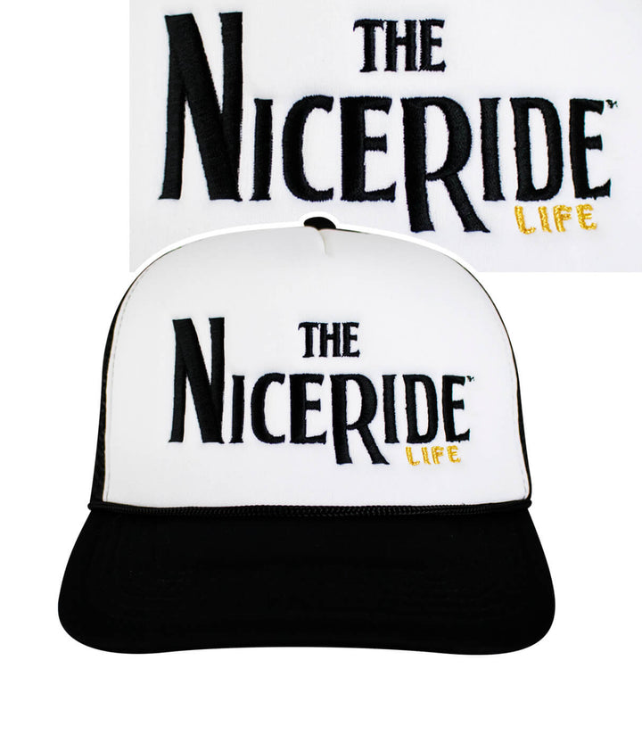 Godfather Foam Trucker Hat featuring NICERIDE logo embroidered on front panel, perfect hat for stylish outdoor wear.