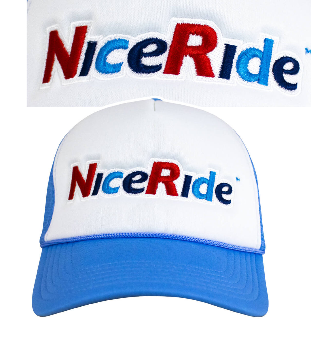 Smile foam trucker hat featuring NICERIDE embroidered in bold colors on the front.