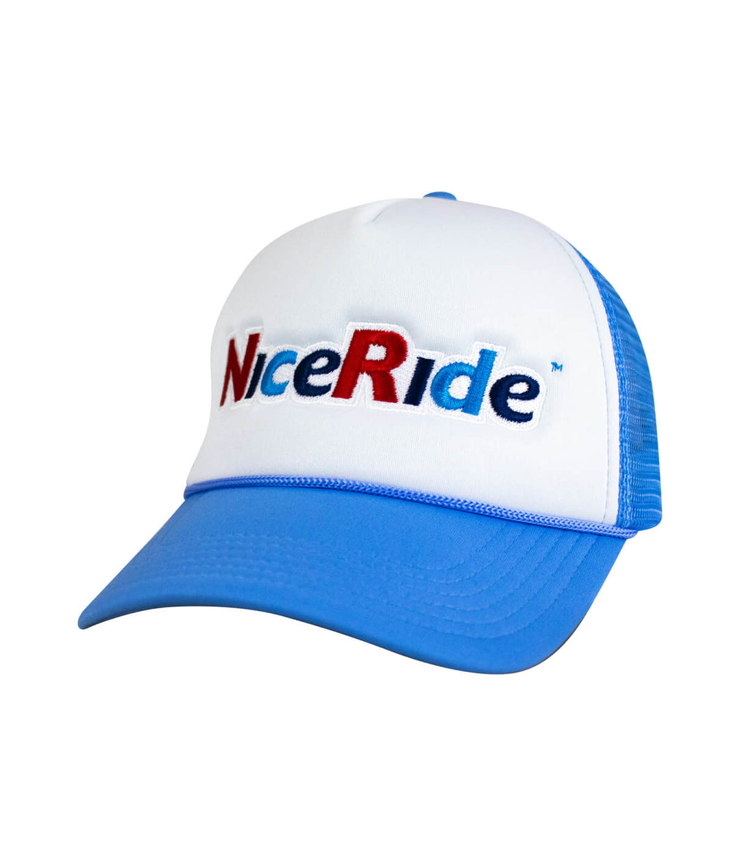 Smile foam trucker hat in blue and white with embroidered NiceRide logo on the front.